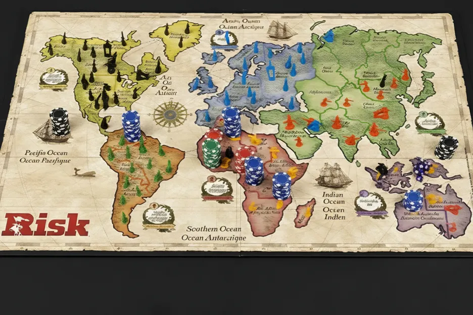 A risk boardgame board with poker chips on it