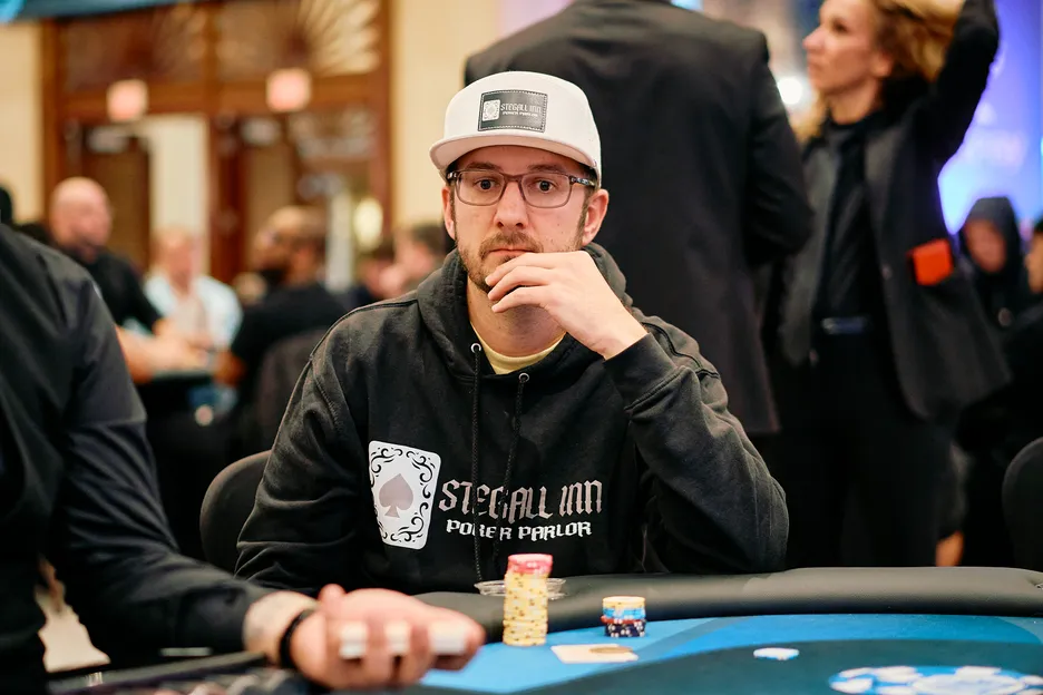 Brandon Stegall building a big stack in the $2,500 Circuit Championship Mystery Bounty. 