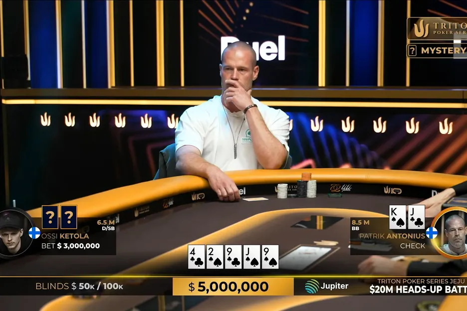 Patrik Antonius contemplates making a $3M call on the river with top pair. 