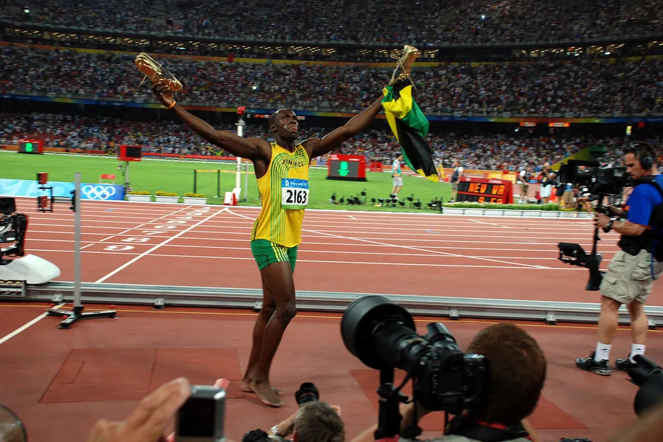 Usain Bolt celebrates after setting a new world record in the 100m in Beijing in 2008.