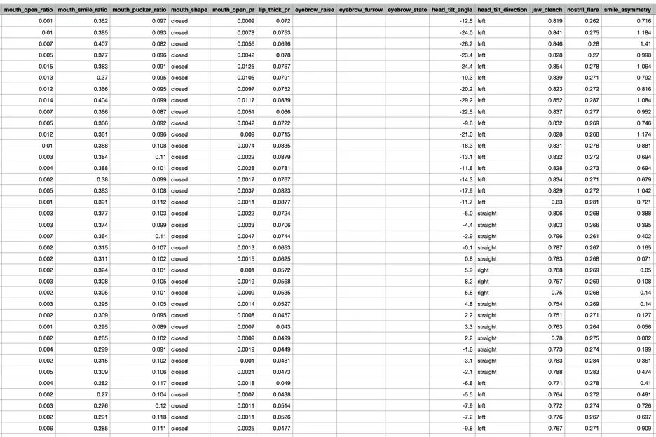 An example of the data output by the tool. What you see here are data points collected during around 1.2 seconds of footage.