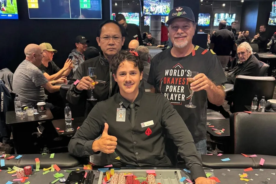 The two players and the Playground dealer who delivered the ultimate bad beat for them.