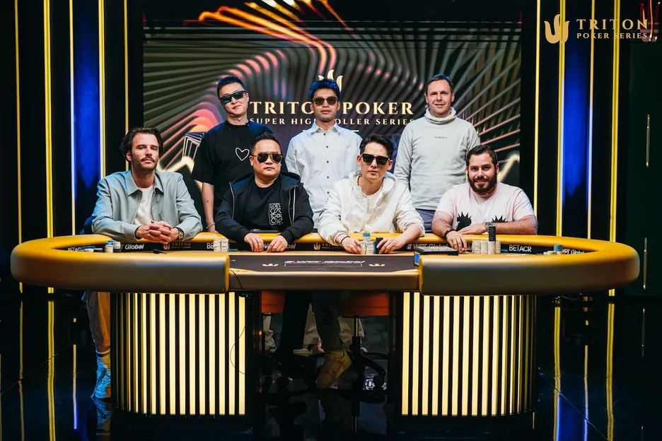 The final table finishers in Event #16: $100,000 PLO Main Event (Clockwise from top left: Ding Biao, Huang Wenjie, Mads Amot, Sergio Martinez, Zhikang Dai, Lin Wei, Tom Vogelsang)