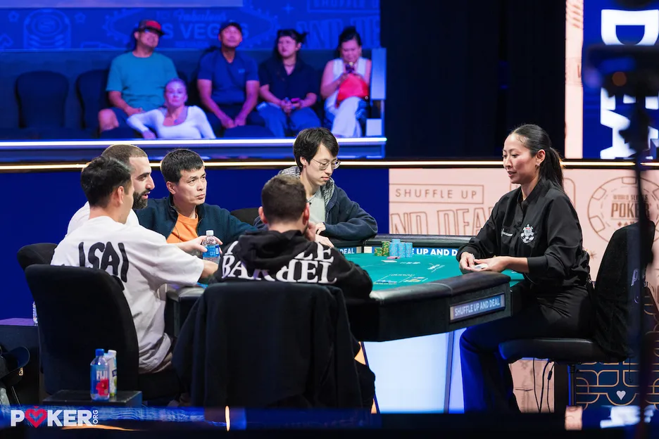 The $10K PLO final table, with Michael Wang center