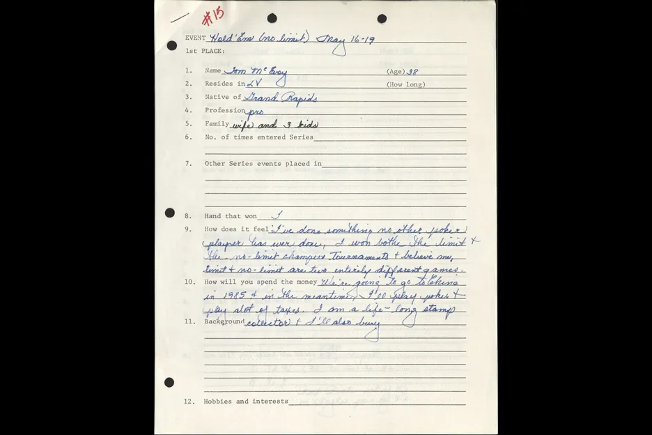 Tom McEvoy bio sheet, 1983 WSOP Main Event. 