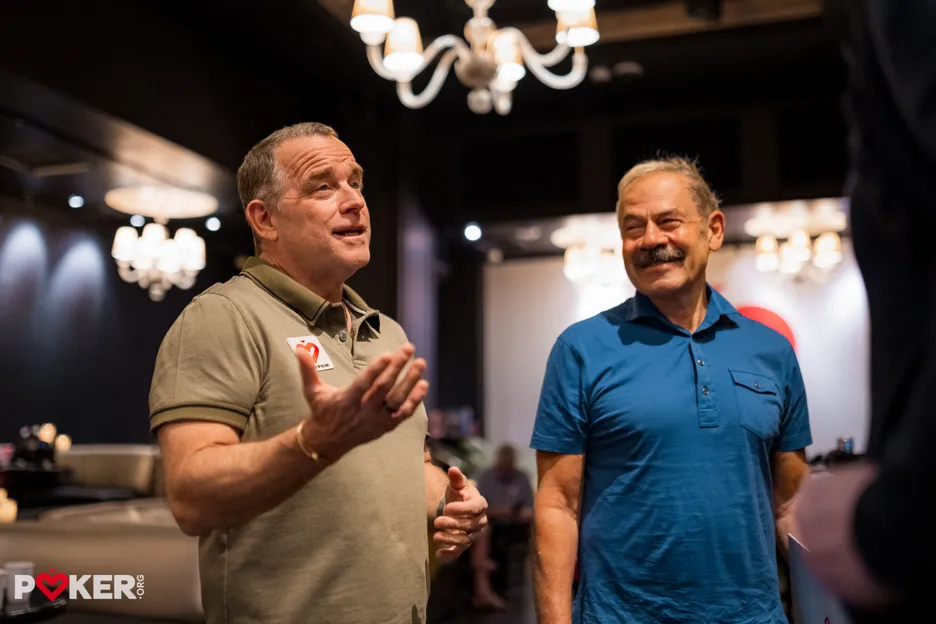 Scheinberg, right, in the Legends Lounge with PokerOrg's Eric Hollreiser.