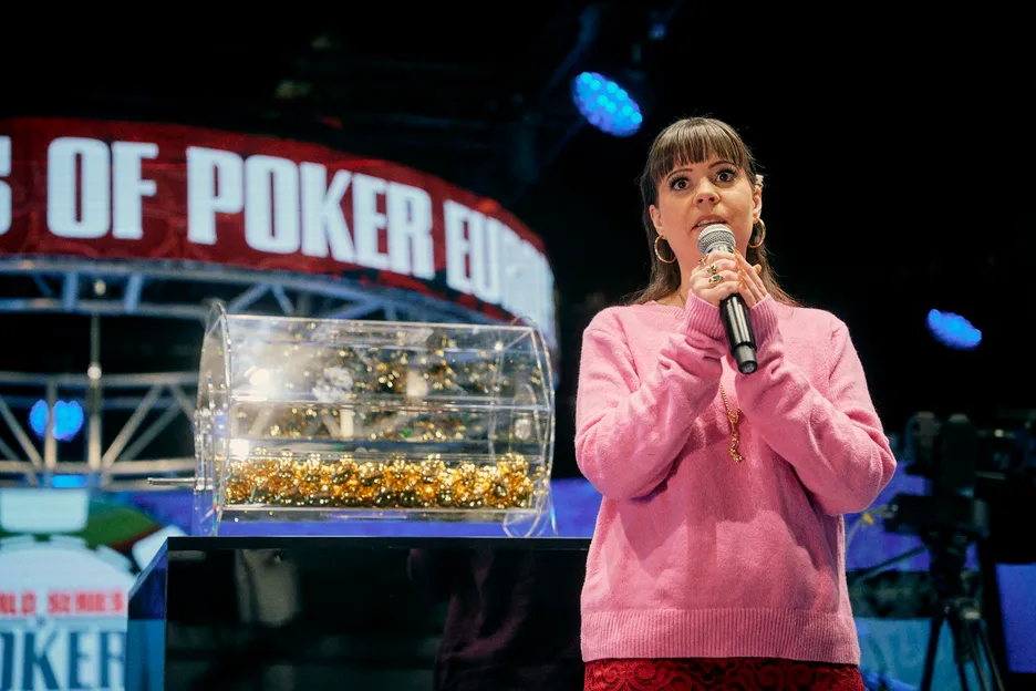 Annette Obrestad giving a very assured 'Shuffle Up and Deal!'