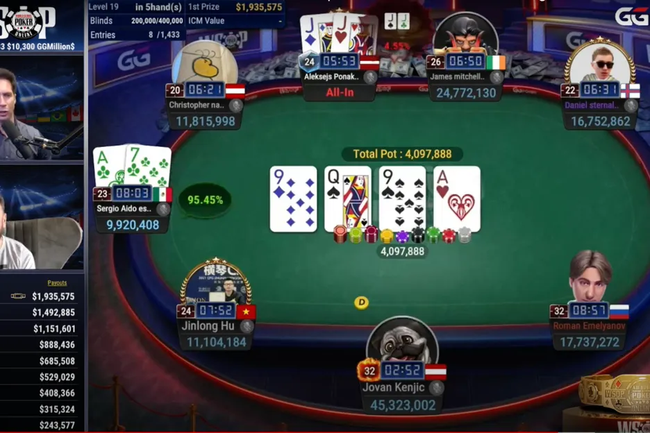 Aleksejs Ponakovs needed a miracle two-outer after the turn improved Sergio Aido to top pair. 