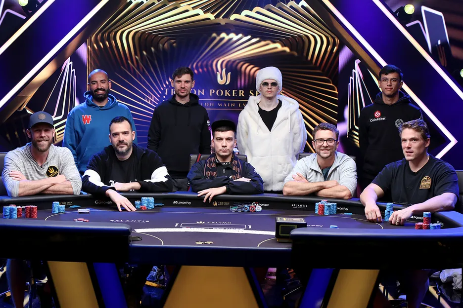 The Triton Main Event final table, L-R: Seth Davies, Joao Vieira, Dimitar Danchev, Fedor Holz, Aleksandr Zubov, Ossi Ketola, David Coleman, Sanuel Mullur, Alex Foxen.
