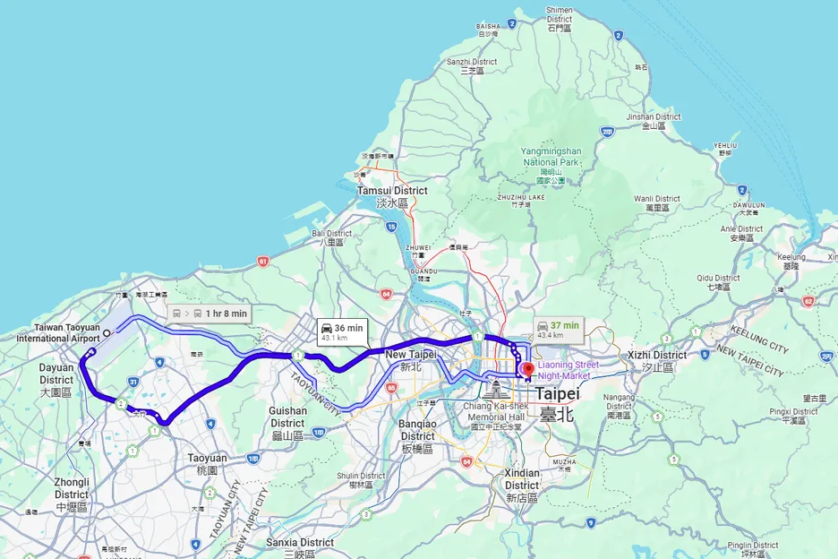 Taoyuan Airport is around 27 miles from Red Space in central Taipei.