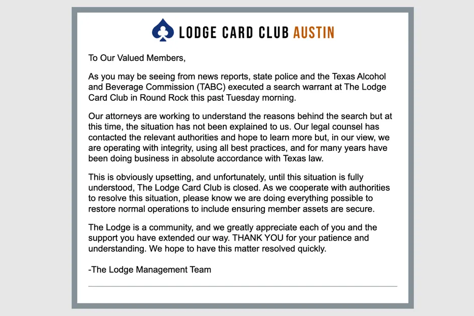 Lodge Card Club statement following raid by TABC