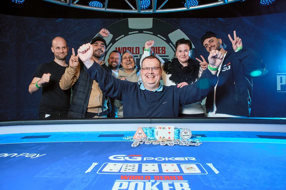 Frank Koopmann and friends celebrate his first bracelet win in Event #2 of the 2026 WSOPE.