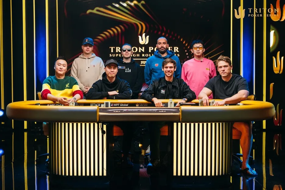 The final table finishers in Event #9 of the Triton Poker Super High Roller Series stop in Jeju, South Korea. (Clockwise from top left: Aleksejs Ponakovs, Dan Smith, Joao Vieira, Ye Wang, Alex Foxen, Fedor Holz, Kiat Lee, Ding Biao)