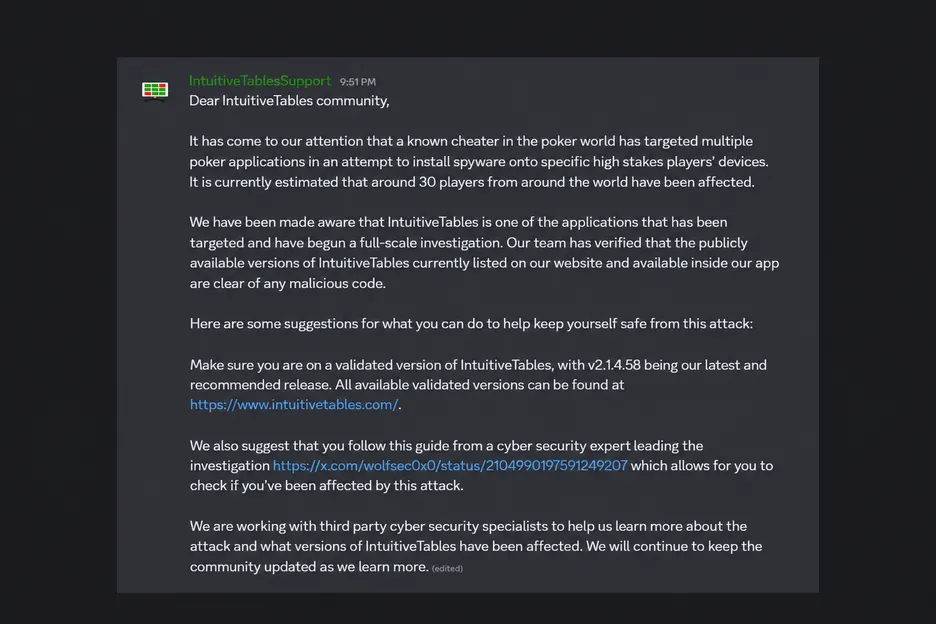 Intuitive Tables sent out a statement to users.