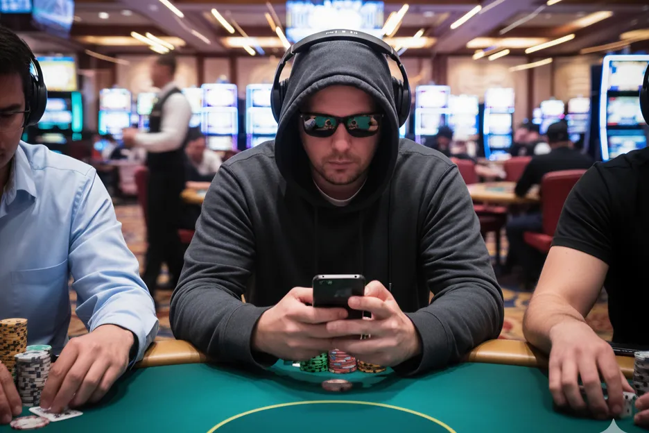 a poker player is distracted by his phone