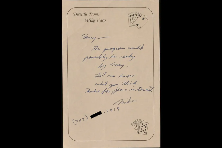 An undated note from Mike Caro to Henri Bollinger.