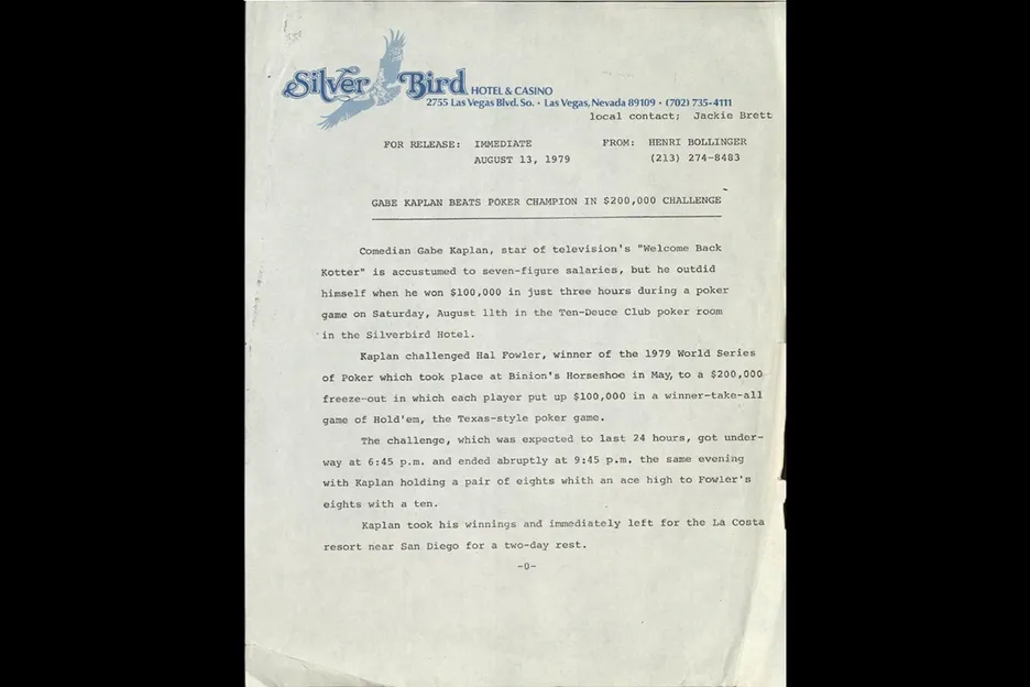 A press release touting Gabe Kaplan's $200K win against Hal Fowler. 