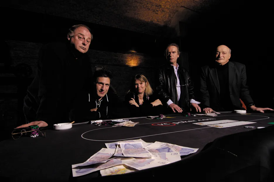 Patrick Marber (bottom left), pictured with celebrated authors (from top left), Anthony Holden, Martin Amis, and Al Alvarez.