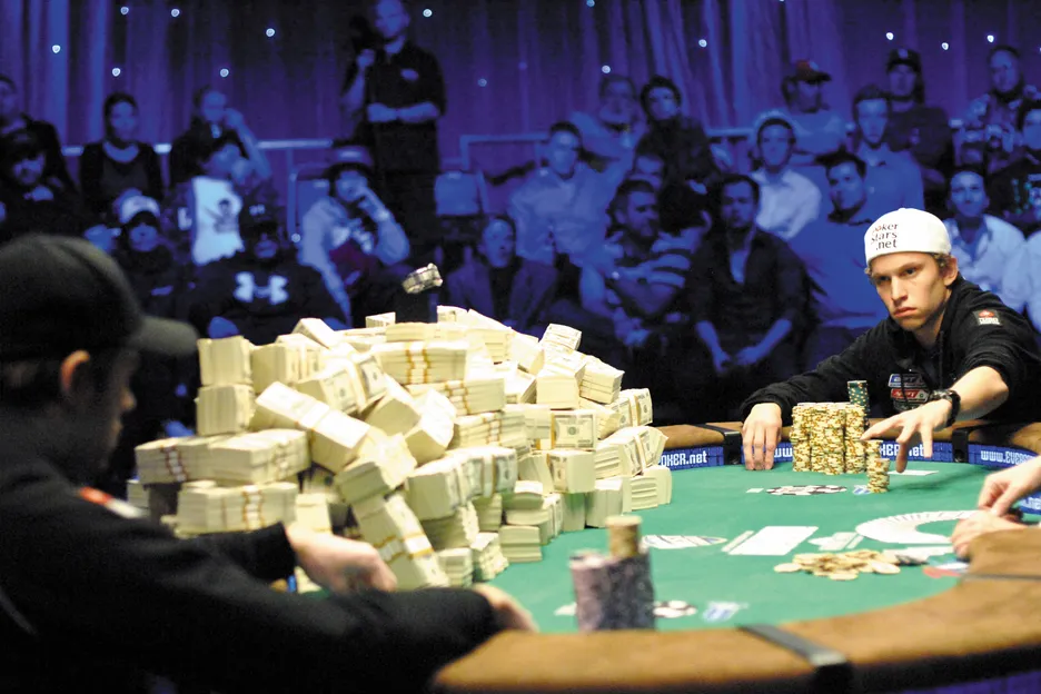 Peter Eastgate looks focused and serious as he plays for a huge pile of cash at the WSOP