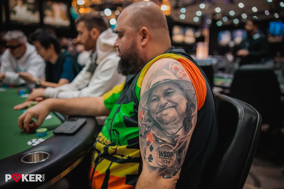 Chris Hunichen and the tattoo of his winning hand from last year.