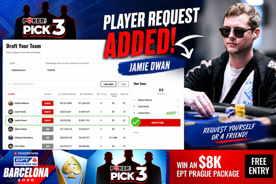 Jamie Dwan was added to the list of selectable players for PokerOrg's Pick 3 fantasy contest thanks to a suggestion from a member of TheOrg. 