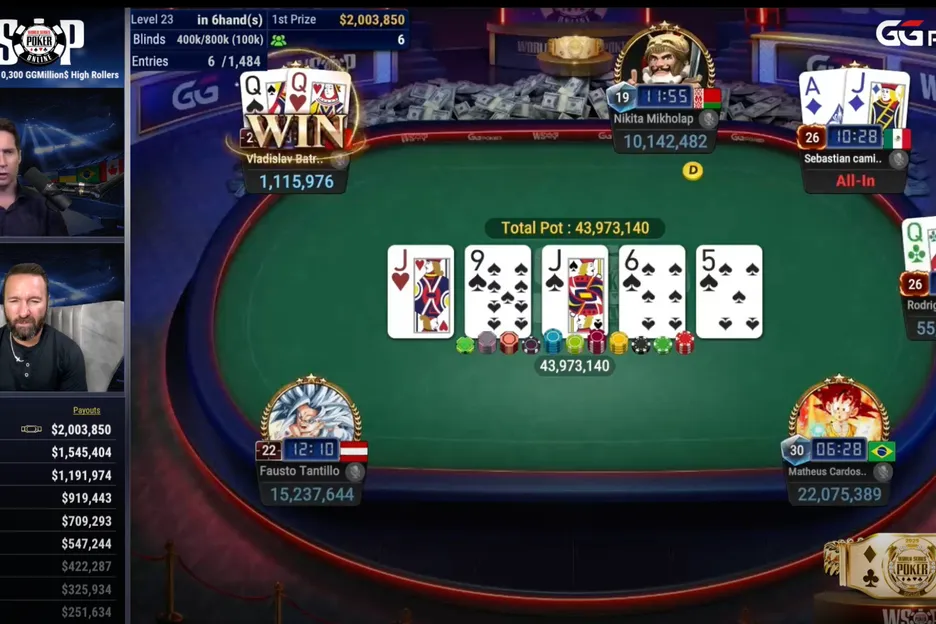 Daniel Negreanu and Jeff Gross react to a particularly brutal beat on the GGMillion$ final table. 