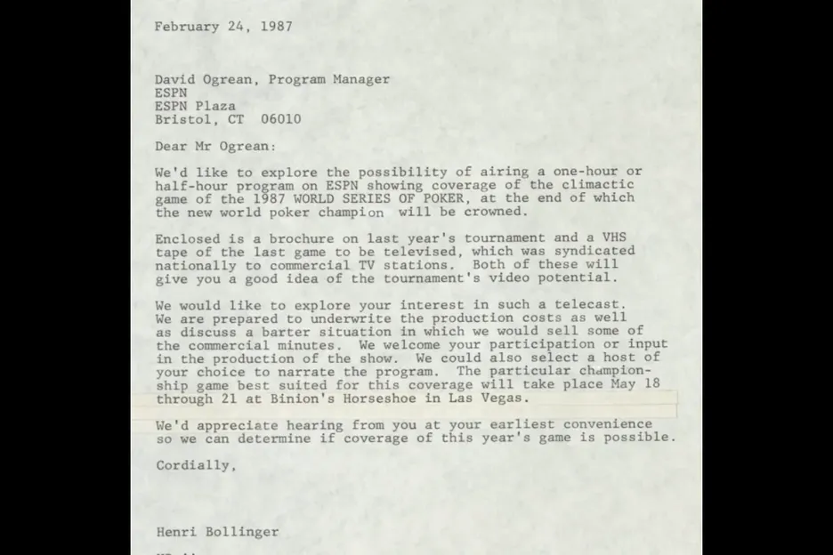A February letter from Binion's to ESPN proposing a WSOP documentary on the network. 