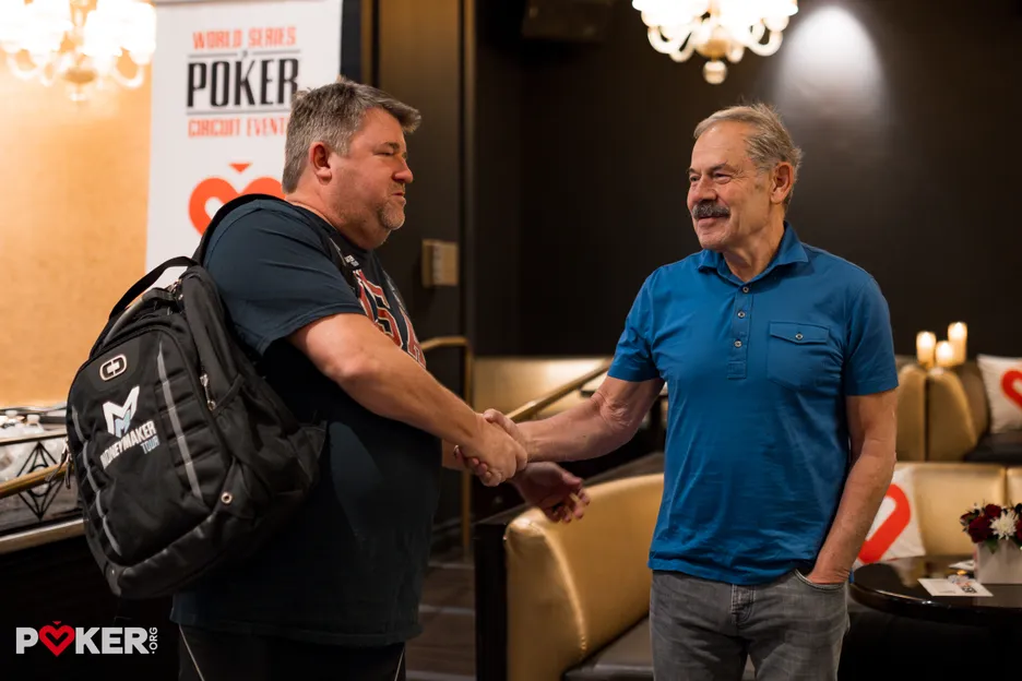 Isai Scheinberg, right, with Chris Moneymaker in the PokerOrg Legends Lounge at the 2024 WSOP.