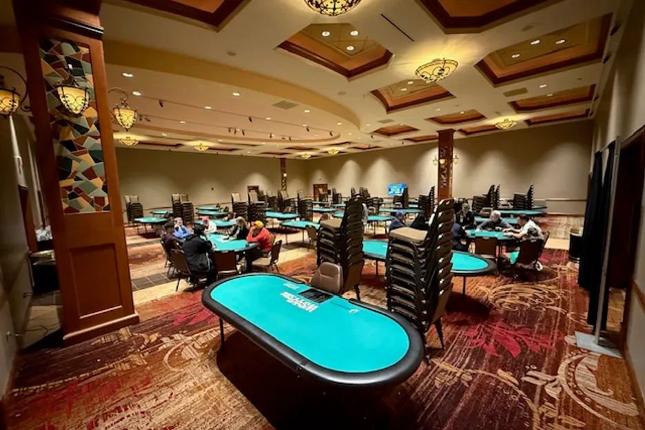 It's mostly empty tables and stacks of chairs in the Horseshoe tournament ballroom