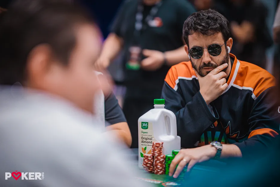 Greg Merson has a lot of chips and a lot of almond milk. 