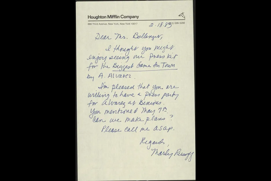 Letter from Biggest Game in Town publisher to Henri Bollinger