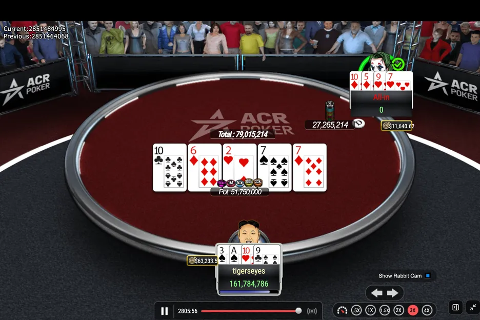 'Pepareg1' caught running cards to make a full house in this key pot and a few hands later made a deal with 'tigerseyes'. 