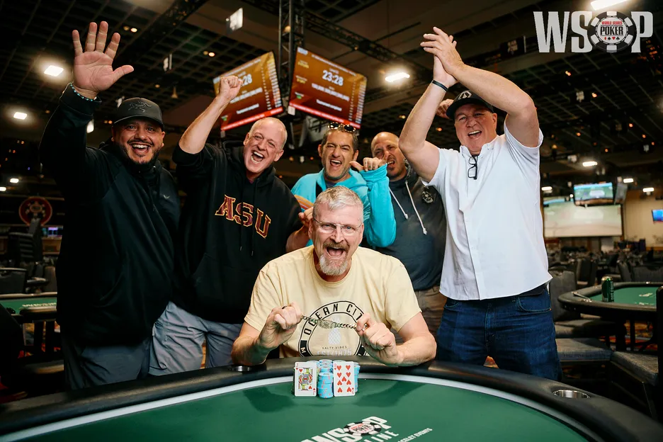 Neppl and friends celebrate the very first bracelet awarded in the 2026 WSOP.                