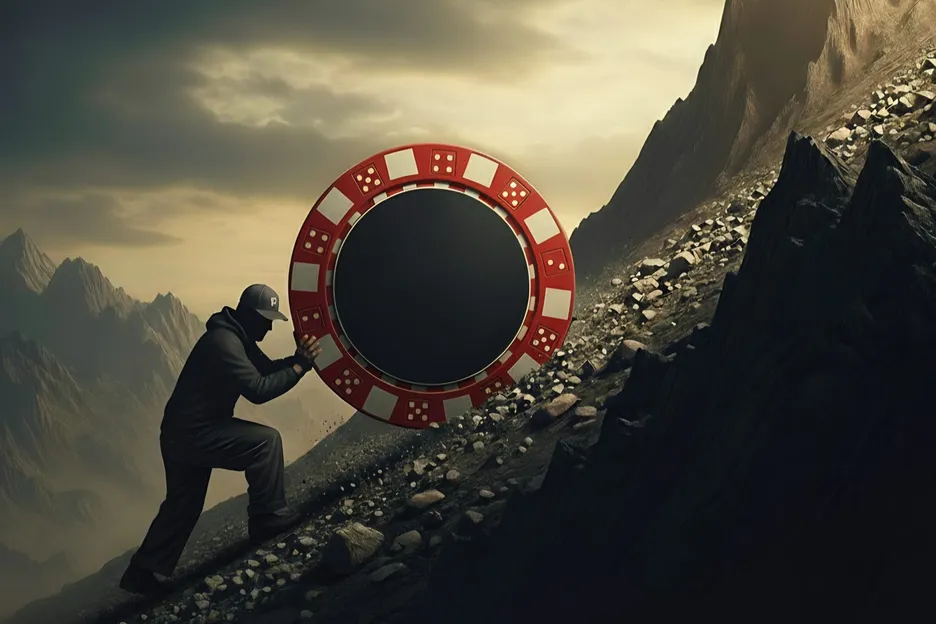 pushing a huge poker chip up a hill