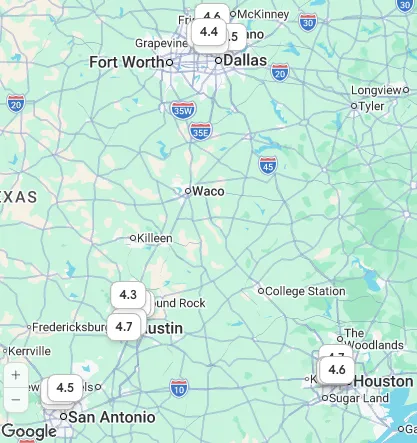 Texas poker clubs, by Google rating