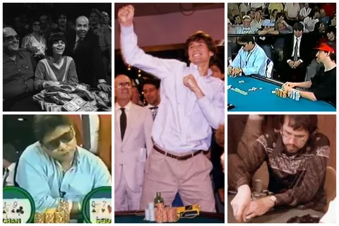 A collage of Stu Ungar, Johnny Chan, Phil Hellmuth, Erik Seidel and David Sklansky from the WSOP in the 1980s.